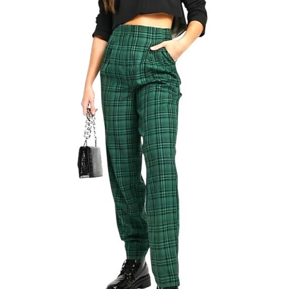 ASOS DESIGN‎ Soft Slouch Mom Pants Green Check Plaid Tall US 4